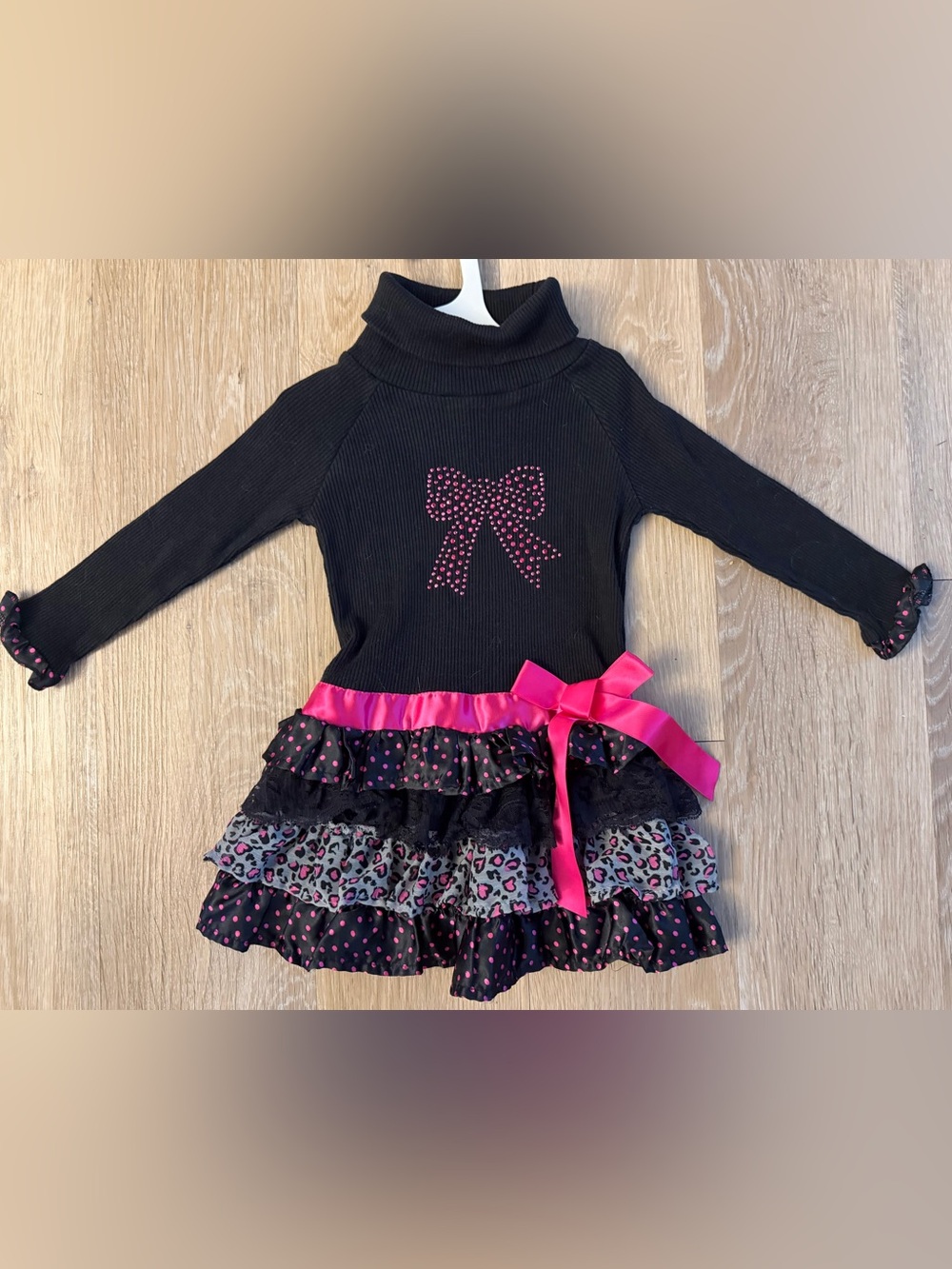 NannetteGirl's Size 2T Black Dress with Hot Pink Bow and Polka Dot Ruffles